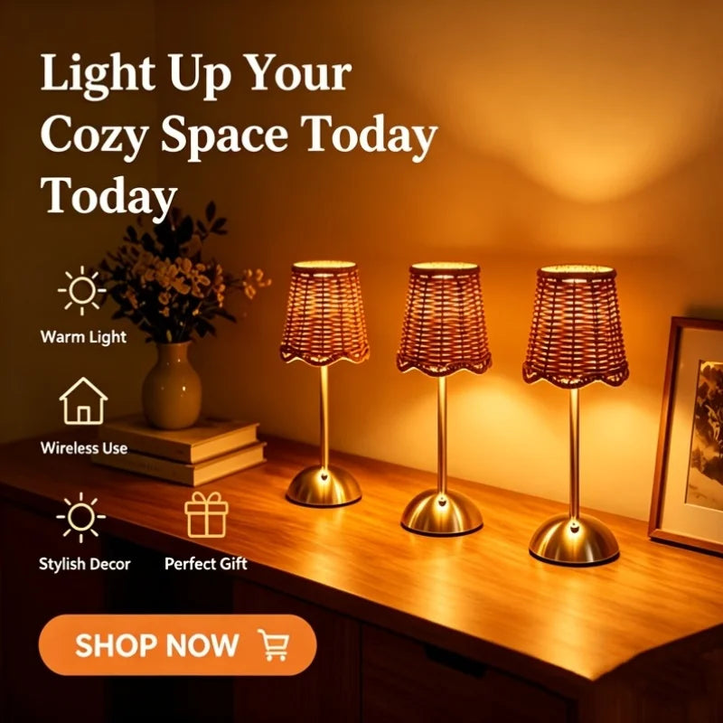 Boho Woven Rattan Table Lamp – Touch 3-Level Dimmable