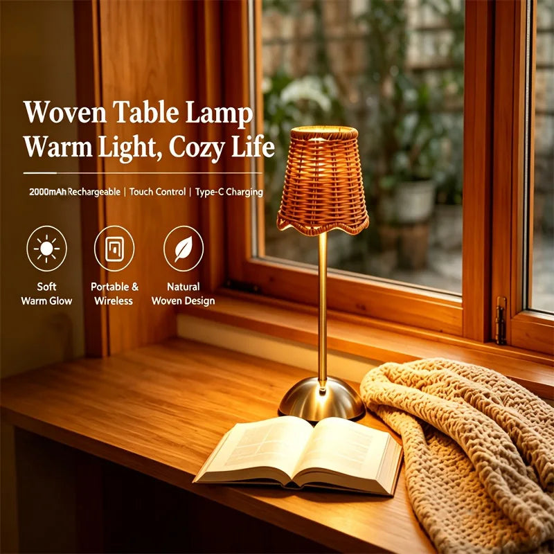 Boho Woven Rattan Table Lamp – Touch 3-Level Dimmable