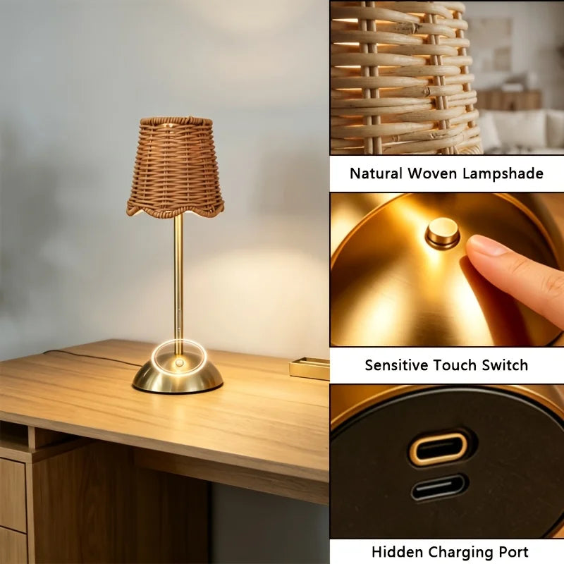 Boho Woven Rattan Table Lamp – Touch 3-Level Dimmable