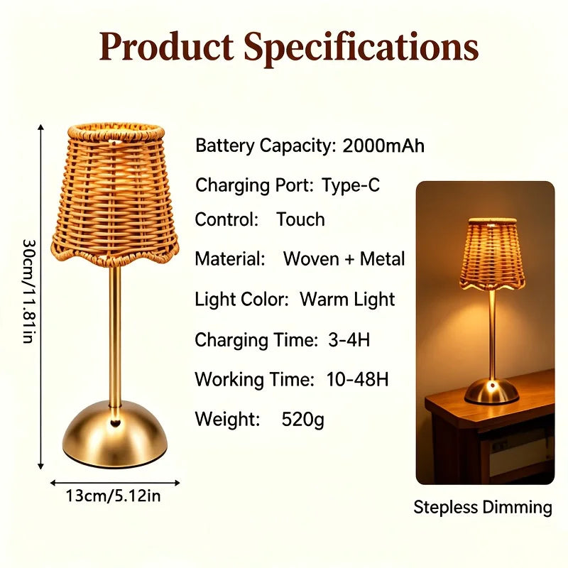 Boho Woven Rattan Table Lamp – Touch 3-Level Dimmable